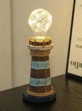 地中海风木质灯塔摆件创意复古桌面饰品发光家居摆件做旧送礼装饰