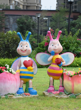 户外花园玻璃钢雕塑卡通蜜蜂花缸摆件幼儿园人物花盆园林景观装饰