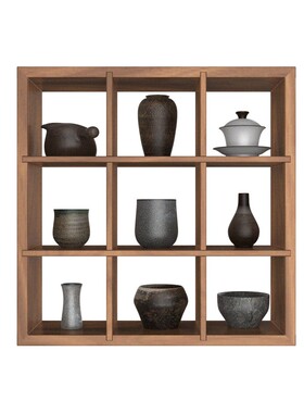 黑胡桃木格子架免漆墙面置物架实木茶家具禅意多宝格瓷器方格架