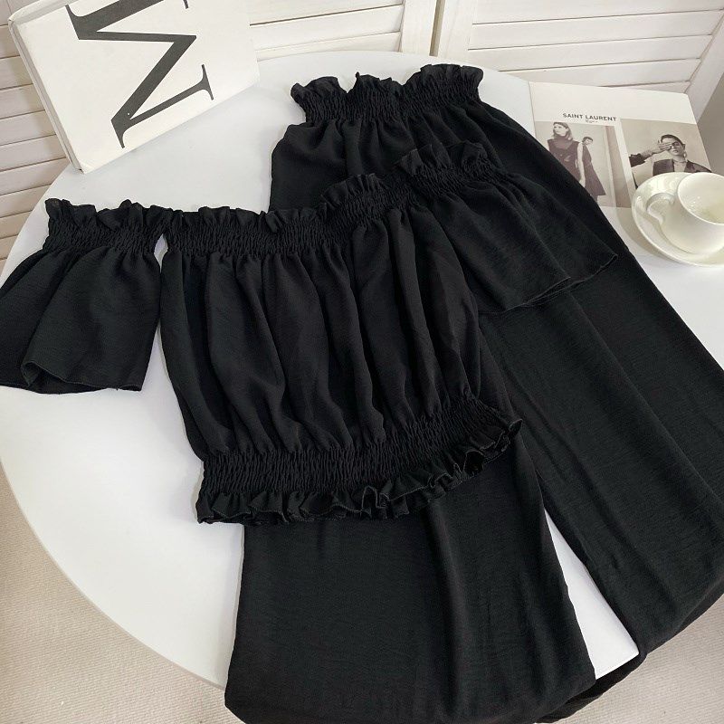 时尚百搭花苞一字领露肩短袖上衣+高腰显瘦阔腿长裤两件套装女,淘宝优惠券,粉丝福利购,淘宝优惠卷