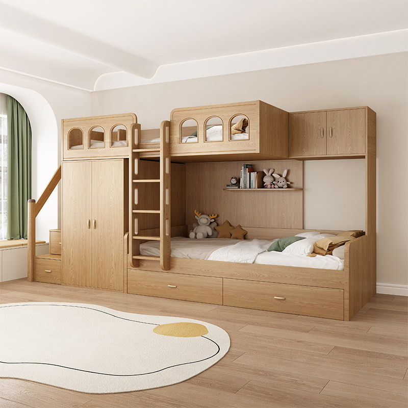 实木交错式儿童上下床带衣柜小户型高低错位子母双层床上下铺木床,淘宝优惠券,粉丝福利购,淘宝优惠卷