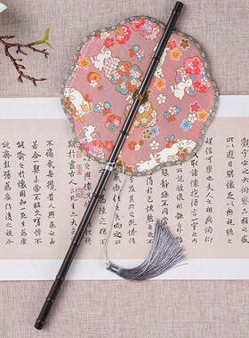 复古竹编扇汉服团扇长款古风紫竹腰扇仿古扇子可卷可折叠国风礼品