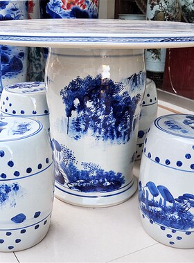 包邮景德镇陶瓷大桌配凳套件户外庭院石桌手绘青花瓷小桥流水人家