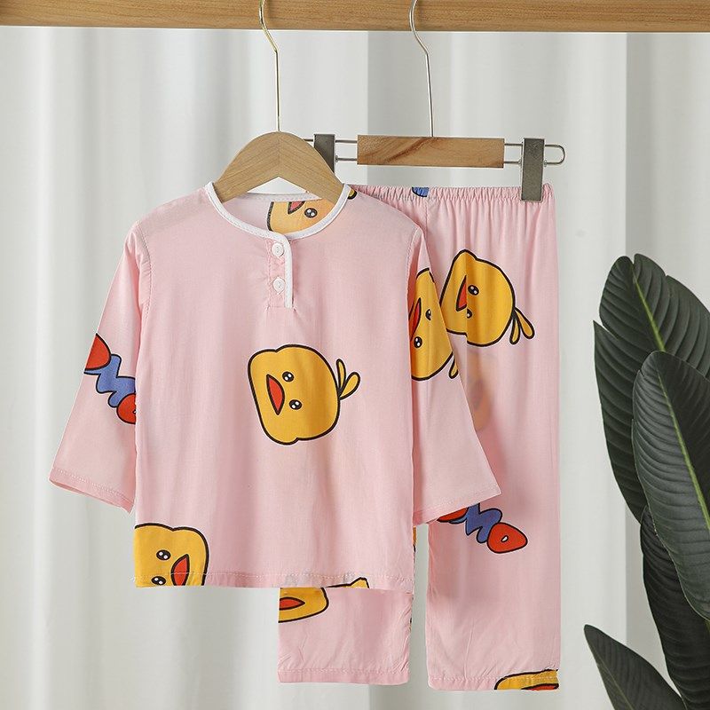夏季儿童棉绸睡衣男童女童宝宝绵绸中大童长袖薄款空调家居服套装,淘宝优惠券,粉丝福利购,淘宝优惠卷