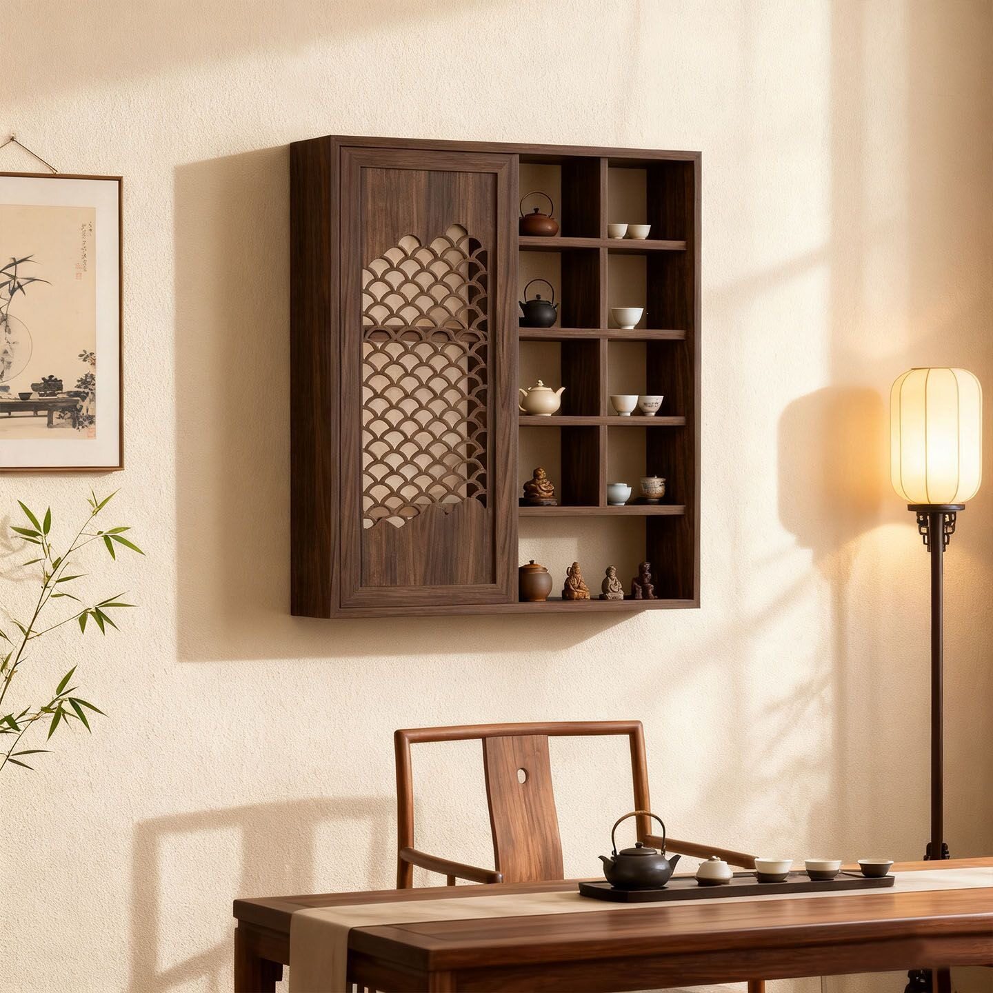 Solid wood new Chinese style retro wall shelf