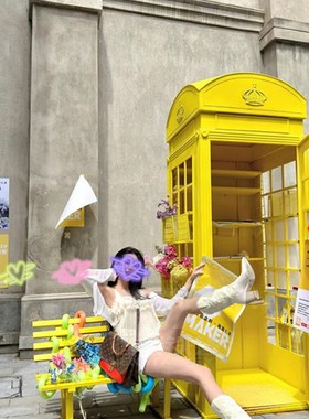 电话亭网红打卡拍照铁艺模型加油机邮政邮筒路牌长椅摆件美陈套装