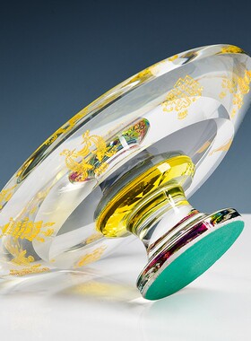 大小号透明白高脚水晶水果盘摆件八宝贡盘描金家居客厅寺庙装饰品