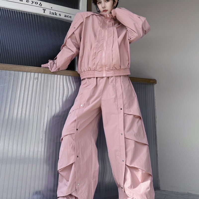 2024春季时尚小众结构设计感立领夹克男层次皱褶阔腿长裤两件套潮,淘宝优惠券,粉丝福利购,淘宝优惠卷