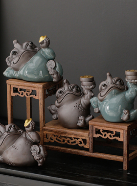 新中式蟾蜍桌面装饰品紫砂哥窑开片精品可养三足招财金蟾茶宠摆件