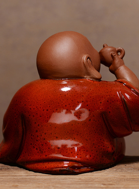 中式红色禅意陶瓷手工艺品 招财弥勒笑佛佛像 客厅博古架装饰摆设