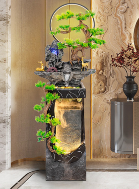 客厅高山流水生财摆件办公室开业礼品装饰迎客松假山喷泉水景落地