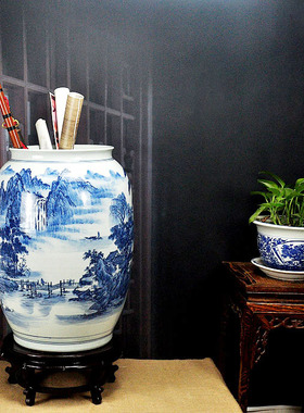 景德镇陶瓷器新中式青花瓷卷轴缸书画缸字画缸收纳书房摆件装饰