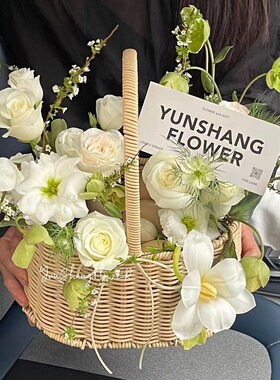 藤编迷你小花篮手提鲜花插花篮子手工编织大花盆竹编花筐草编道具