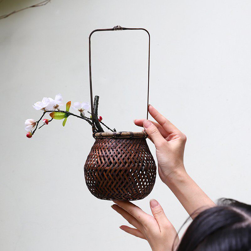 手工竹编花篮插花花器花瓶花入花架水培日式花道装饰摆件复古禅意,淘宝优惠券,粉丝福利购,淘宝优惠卷