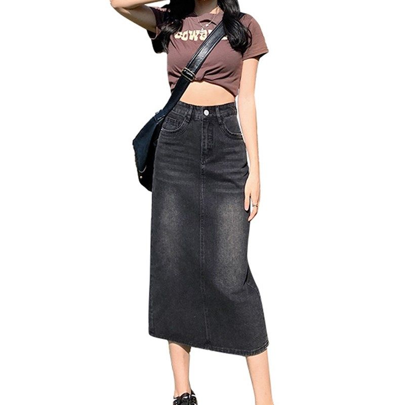 2024新款春夏开叉黑色牛仔裙女设计感烟灰色直筒长裙包臀半身裙子,淘宝优惠券,粉丝福利购,淘宝优惠卷