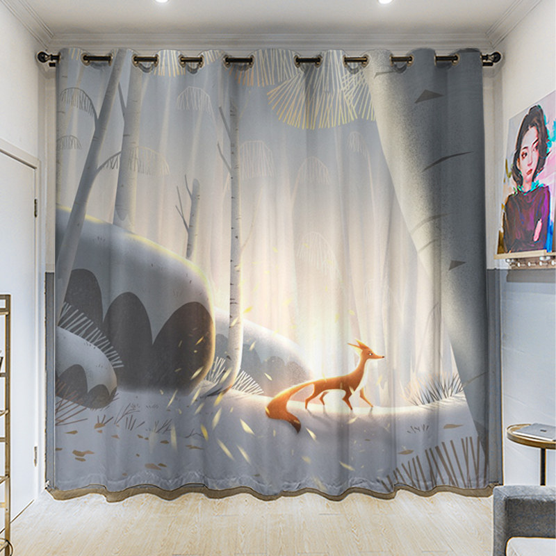 现代男女孩房可爱小狐狸儿童窗帘打孔款全遮光隔断隔热遮阳定制帘,淘宝优惠券,粉丝福利购,淘宝优惠卷