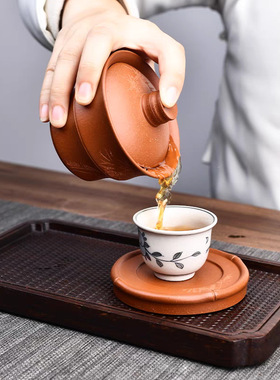 全纯手工紫砂高档三才盖碗茶杯单个高档盖子茶具套装中国风不烫手