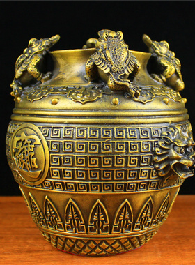 纯铜聚宝盆摆件金蟾黄铜四方金蟾坛子钱罐家居饰品装饰品桌面摆设