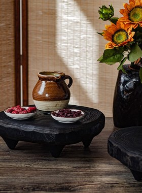 侘寂风茶盘小型圆形黑色矮脚木平盘家用名宿软装实木装饰托盘摆件