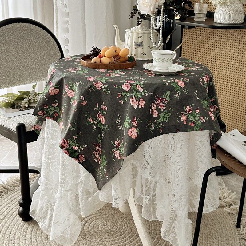 法式复古浪漫印花蕾丝风双层装饰餐桌布氛围感茶几盖巾布防尘台布,淘宝优惠券,粉丝福利购,淘宝优惠卷