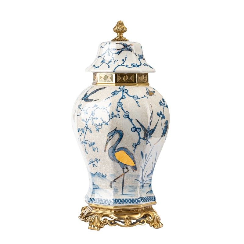 古典青花陶瓷配铜将军罐欧式客厅玄关奢华摆设高档软装工艺品摆件,淘宝优惠券,粉丝福利购,淘宝优惠卷