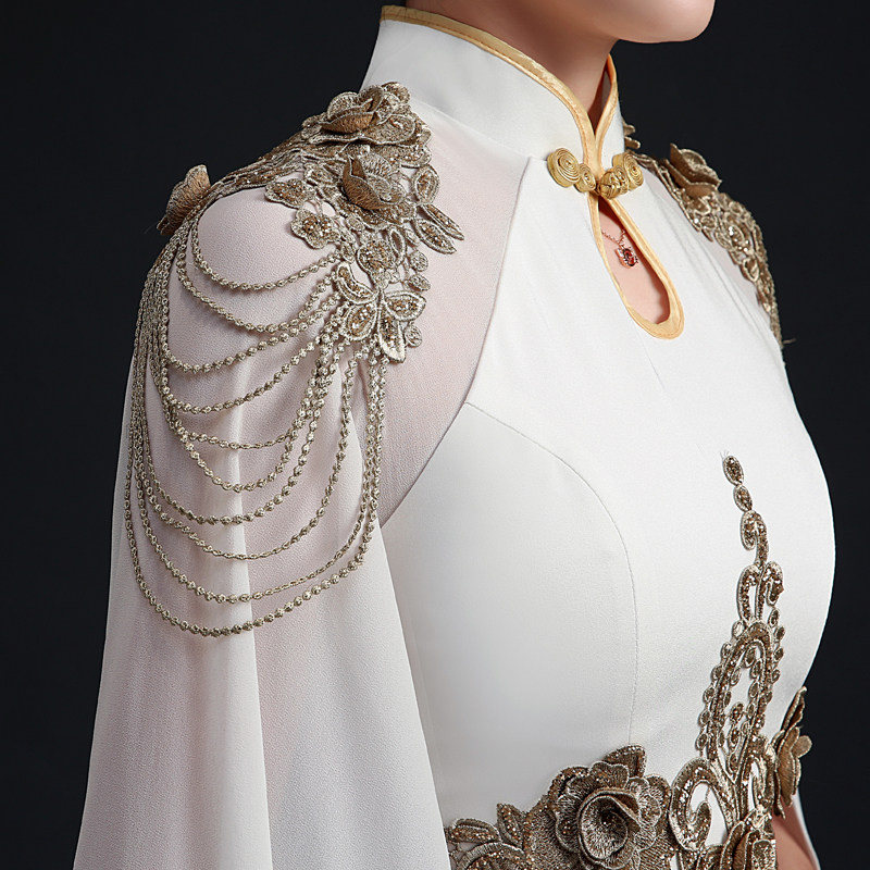 2021新中国风年会晚礼服优雅长款鱼尾开叉走秀舞台演出服简约白色,淘宝优惠券,粉丝福利购,淘宝优惠卷