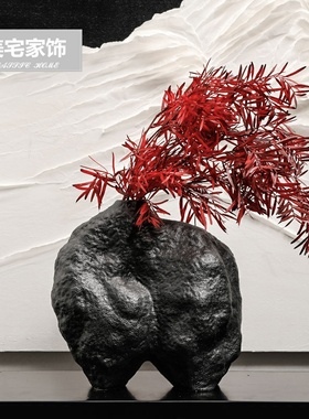 中式客厅黑色陶罐花瓶样板间餐桌红色陶瓷茶具大理石托盘摆件组合