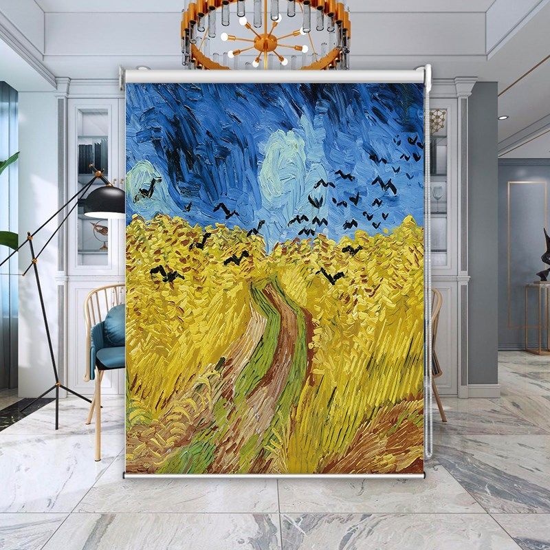 来图定制梵高油画手拉式卷帘窗帘客厅办公室免打孔防水全遮光升降,淘宝优惠券,粉丝福利购,淘宝优惠卷