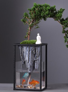 迎客松盆景室内鱼缸盆栽山水倒影客厅摆件玄关茶室书房绿植造景
