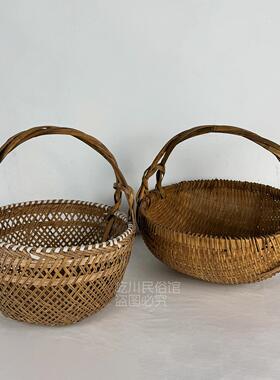 民俗老物件篮子竹筐带盖提篮手工编织竹篮收纳筐复古造景装饰摆件