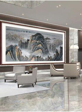 纯手工国画山景靠背，无水泰山客厅挂画，沙发背景，西墙办公室装