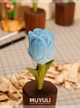 木头木质手工木雕玫瑰花装饰摆件蓝玫瑰花生日礼物女中秋节礼物