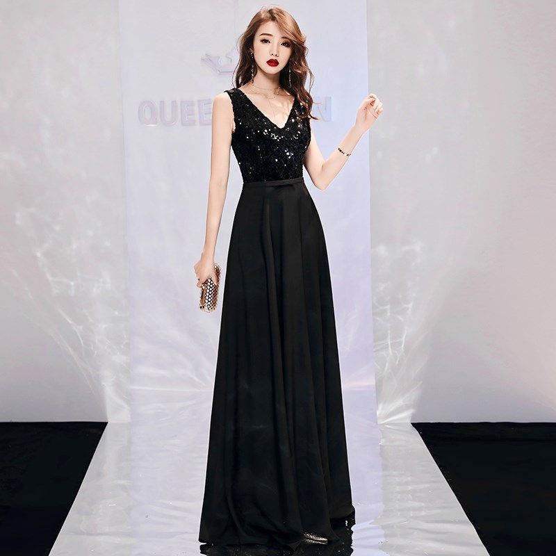 晚礼服裙女2024新款简单大方宴会高贵优雅黑色长款亮片连衣裙高端,淘宝优惠券,粉丝福利购,淘宝优惠卷