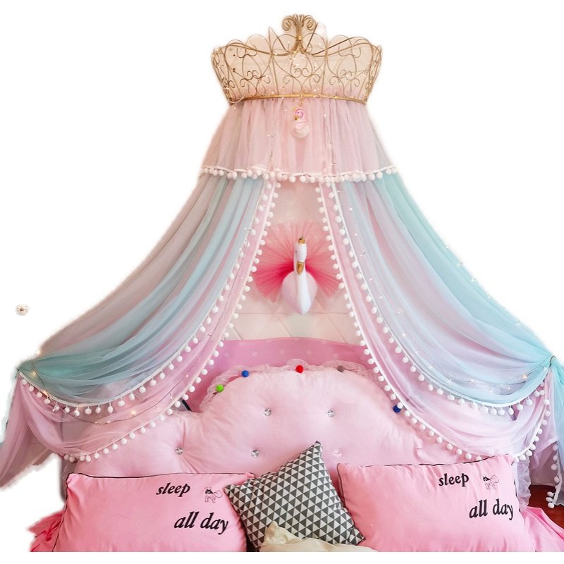 公主床幔床帘家用卧室装饰纱可爱粉嫩少女通用毛球欧式宫廷含皇冠,淘宝优惠券,粉丝福利购,淘宝优惠卷