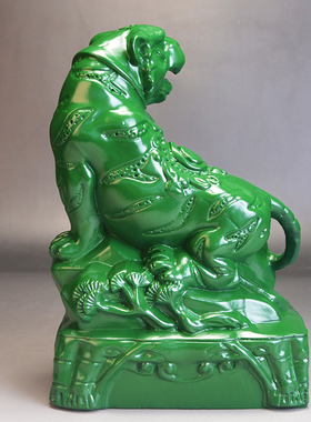 实木绿色老虎摆件木质生肖上山虎木头雕刻青虎绿虎纯木车载工艺品