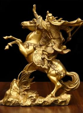 纯黄铜骑马关公摆件关羽武财神铜像办公室招财饰品大号关二爷摆件