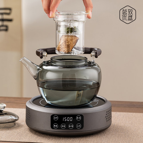 新款玻璃蒸煮一体煮茶壶器黑晶炉套装烧水泡茶胡桃木煮茶炉养生壶 - 图0