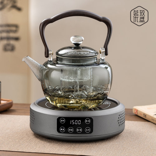 新款玻璃蒸煮一体煮茶壶器黑晶炉套装烧水泡茶胡桃木煮茶炉养生壶 - 图1