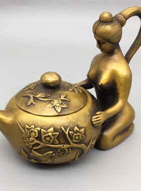 收藏复古纯铜美女壶摆件西施壶酒壶茶壶家居客厅办饰礼品茶宠装饰