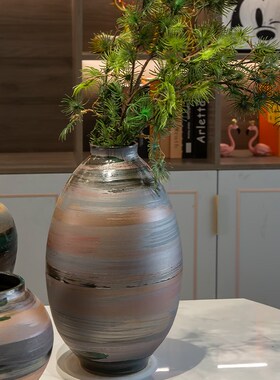 中式复古禅意黑色粗陶陶罐花瓶客厅插花陶瓷摆件酒店样板间装饰品