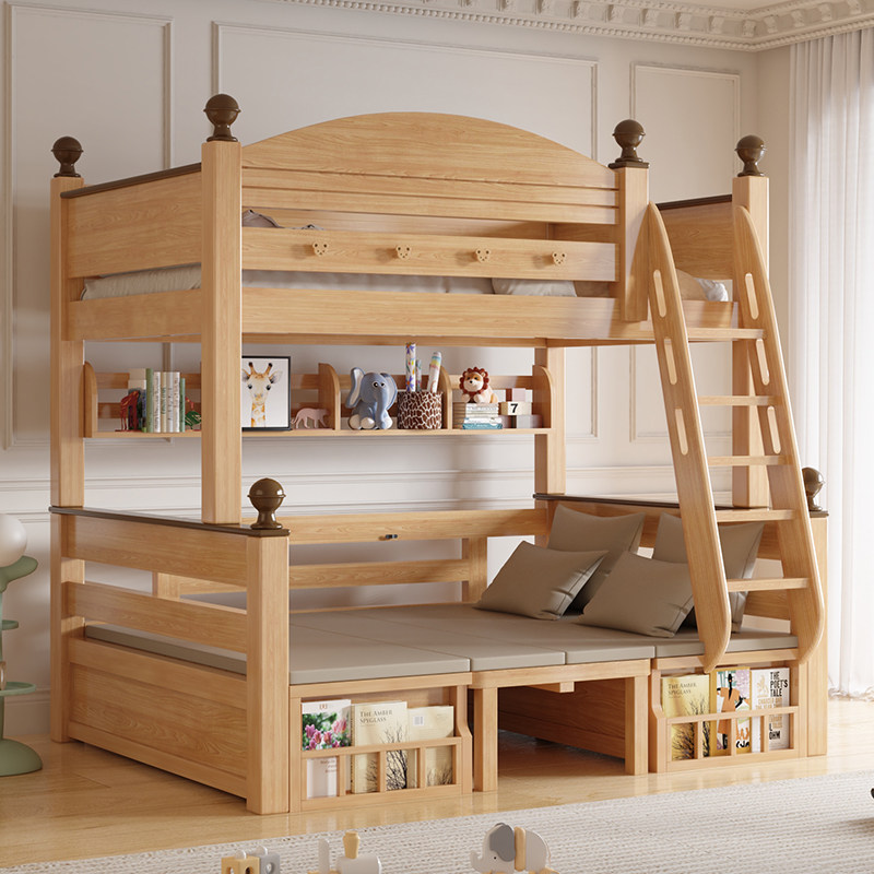 榉木上下床实木全实木儿童上床下桌高低床上下铺姐弟双层床子母床,淘宝优惠券,粉丝福利购,淘宝优惠卷