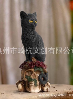 新款神秘暗黑风骷髅动物猫与乌鸦雕像摆件树脂工艺品家居装饰