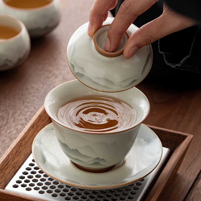Ink Chinese style retro Ru kiln Sancai covered bowl high-end household tea set anti-scalding with lid retro kung fu tea bowl