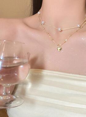 珍珠爱心叠戴项链女夏法式轻奢高级感精致颈链温柔气质网红锁骨链