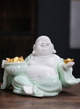 中式精品陶瓷大肚弥勒佛笑佛摆件创意家居玄关博古架办公桌面摆设