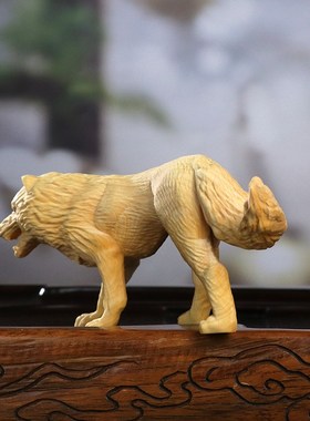 黄杨木雕雪地狼摆件木质雕刻中式手把件收藏品电视柜家居车载饰品