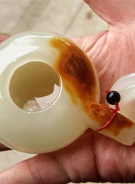 正品天然阿富汗青白玉把把胡茶壶小摆件 玉石玩件手把件茶具茶壶