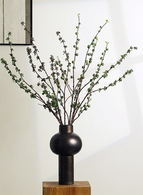 形上中古风陶瓷花艺鎏金花瓶吊钟仿真叶客厅黑色花器装饰摆件