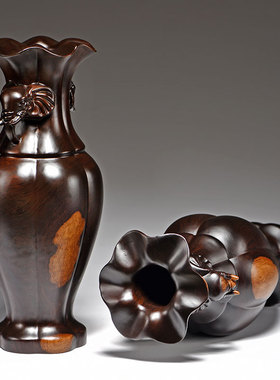 黑檀木雕大象装饰花瓶摆件实木质客厅插花中式玄关工艺礼品摆饰乔