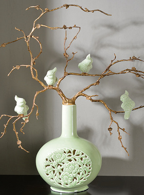 美式陶瓷配铜花枝小鸟创意摆件 欧式装饰客厅酒柜家居装饰品摆设